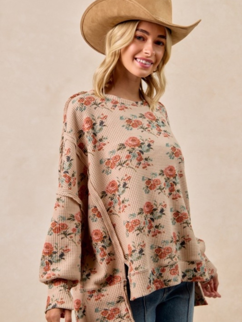 BIBI NWT Floral Waffle Knit Pullover Top Boho Cottagecore IT3426G - Picture 5 of 8